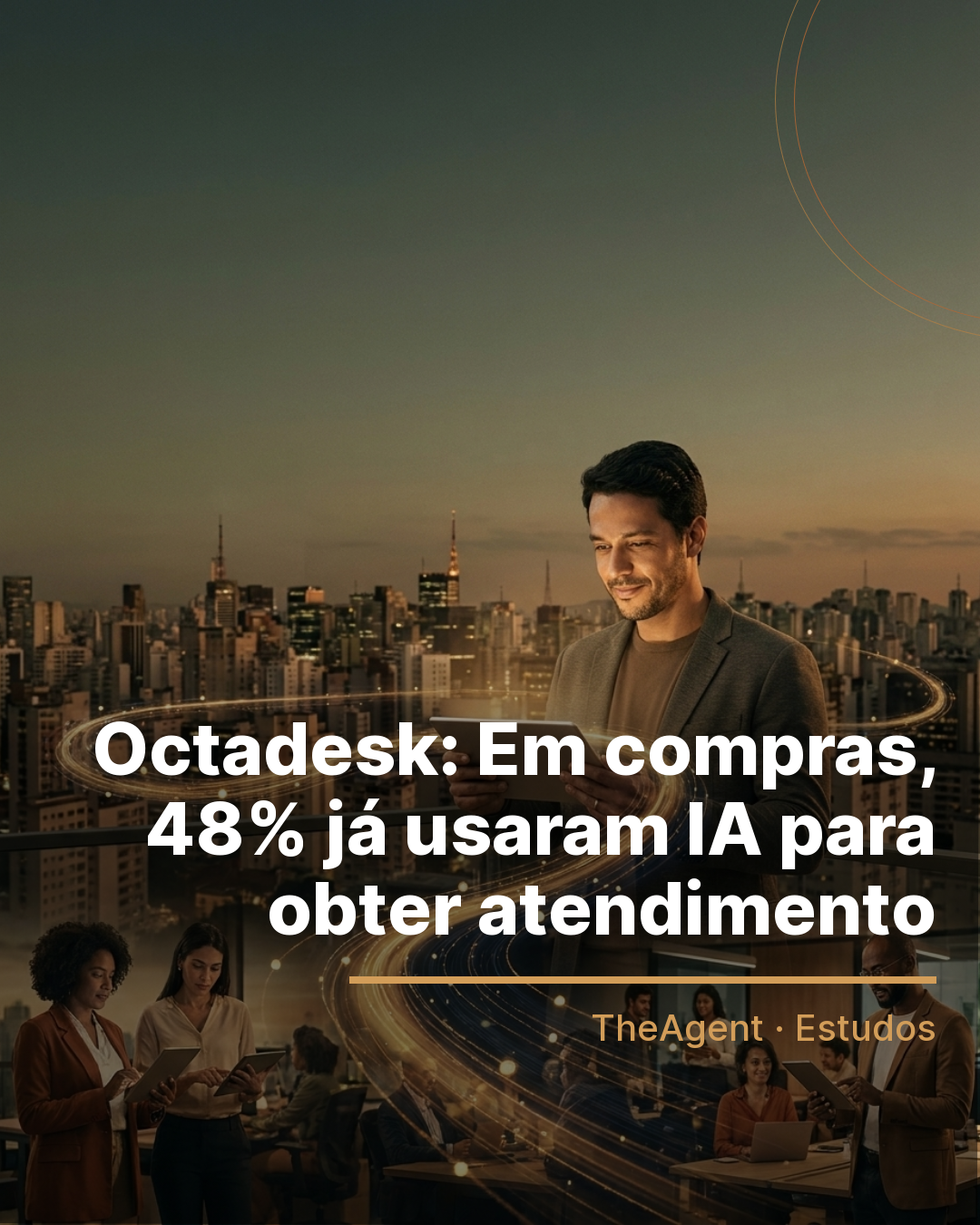 Arte do estudo de Octadesk com o destaque: Em compras, 48% já usaram IA para obter atendimento
