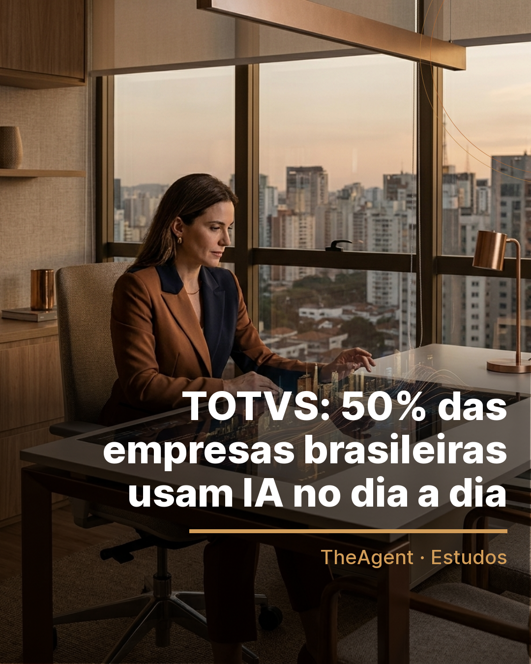 Arte do estudo de TOTVS com o destaque: 50% das empresas brasileiras usam IA no dia a dia