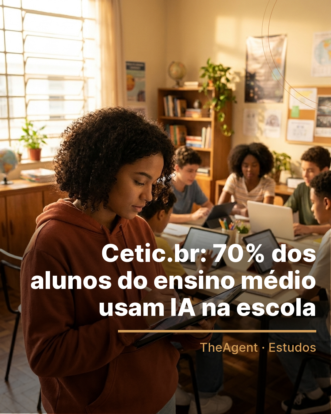 Arte do estudo de Cetic.br com o destaque: 70% dos alunos do ensino médio usam IA na escola