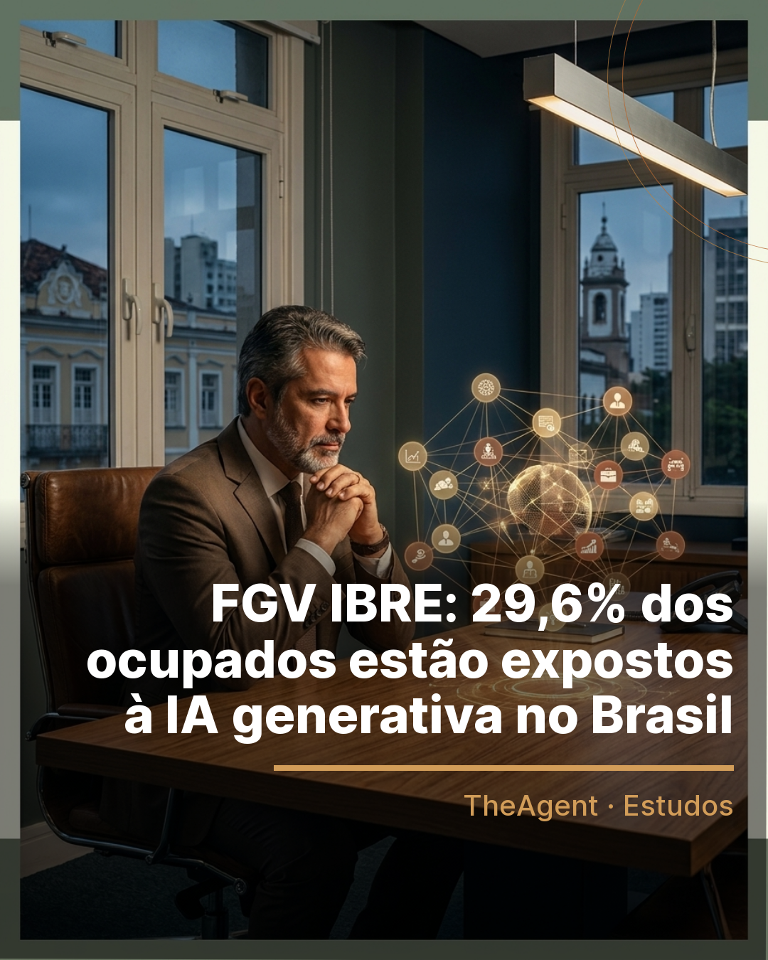Arte do estudo de FGV IBRE com o destaque: 29,6% dos ocupados estão expostos à IA generativa no Brasil