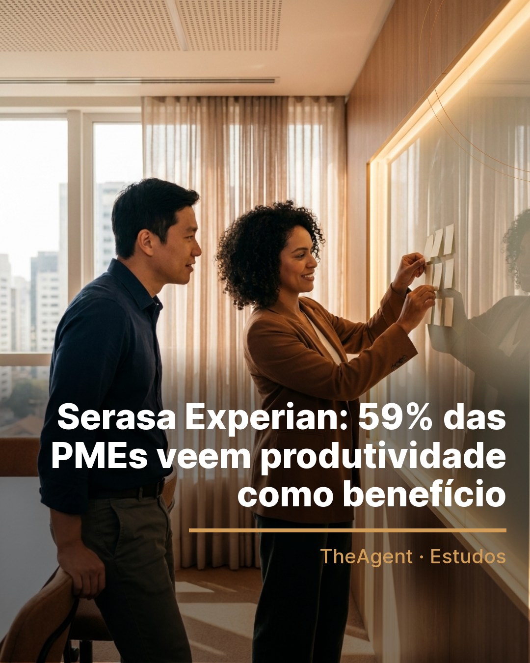 Arte do estudo de Serasa Experian com o destaque: 59% das PMEs veem produtividade como benefício