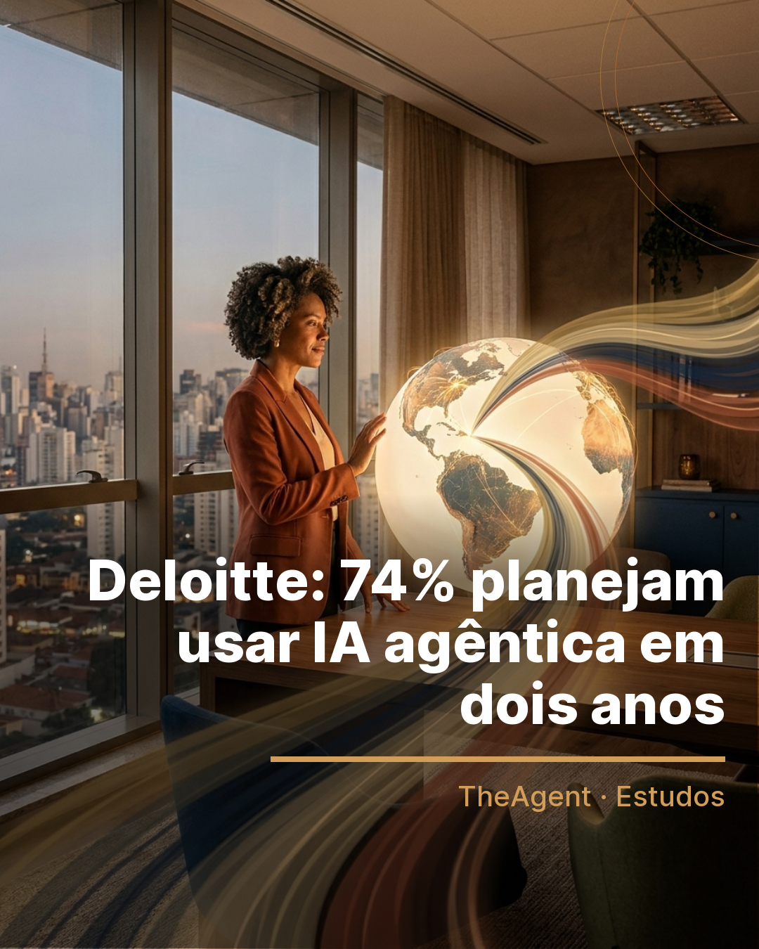 Arte do estudo de Deloitte com o destaque: 74% planejam usar IA agêntica em dois anos