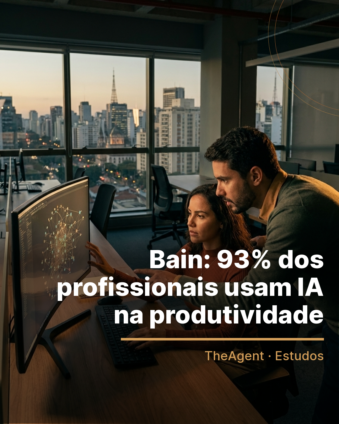 Arte do estudo de Bain com o destaque: 93% dos profissionais usam IA na produtividade