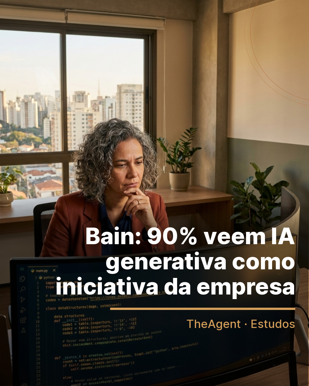 Arte do estudo de Bain com o destaque: 90% veem IA generativa como iniciativa da empresa