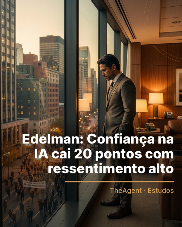 Arte do estudo de Edelman com o destaque: Confiança na IA cai 20 pontos com ressentimento alto