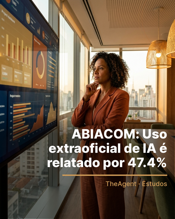 Arte do estudo de ABIACOM com o destaque: Uso extraoficial de IA é relatado por 47.4%