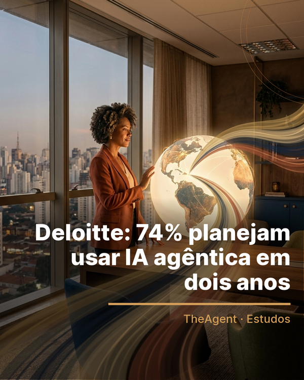 Arte do estudo de Deloitte com o destaque: 74% planejam usar IA agêntica em dois anos