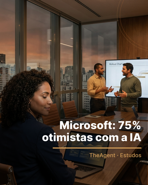 Arte do estudo de Microsoft com o destaque: 75% otimistas com a IA