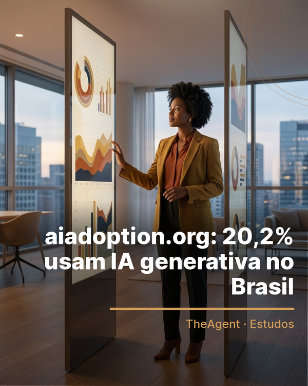 Arte do estudo de aiadoption.org com o destaque: 20,2% usam IA generativa no Brasil